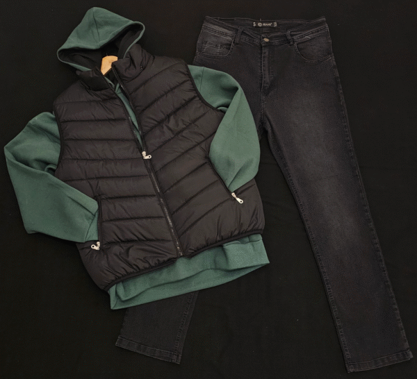 Combo Buzo, Chaleco y Jean Negro.